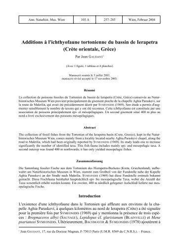 Additions à l'ichthyofaune tortonienne du bassin de Ierapetra (Crète ...