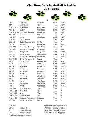 2011-2012 Girls Basketball Schedule - Glen Rose Independent ...