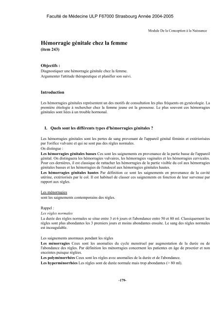 Hémorragie génitale chez la femme - Faculté de Médecine