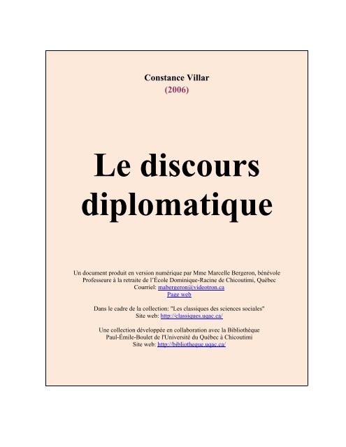 Le discours diplomatique - Les Classiques des sciences sociales ...