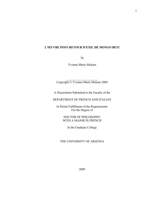 l'œuvre post-retour d'exil de mongo beti - The University of Arizona ...