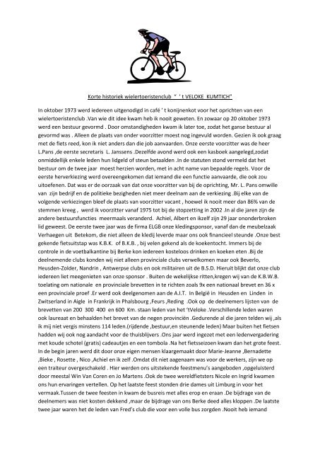 Korte historiek wielertoeristenclub ? ' t VELOKE ... - SeniorenNet