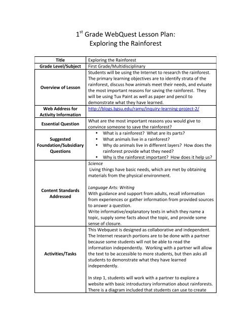 1st Grade WebQuest Lesson Plan: Exploring the ... - BGSU Blogs