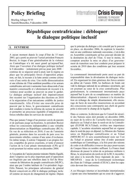 République centrafricaine - Débloquer le dialogue politique inclusif