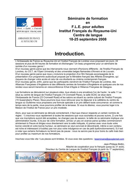 Séminaire de formation en FLE pour adultes ... - Institut Francais