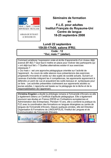 Séminaire de formation en FLE pour adultes ... - Institut Francais