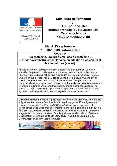 Séminaire de formation en FLE pour adultes ... - Institut Francais