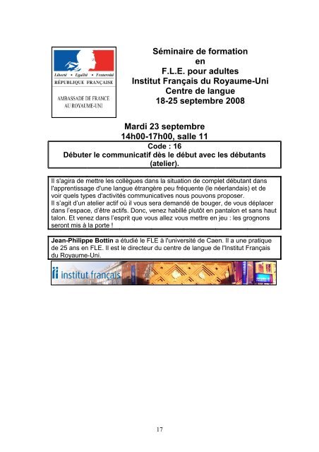 Séminaire de formation en FLE pour adultes ... - Institut Francais