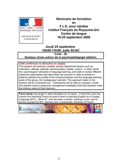 Séminaire de formation en FLE pour adultes ... - Institut Francais