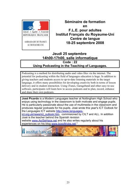 Séminaire de formation en FLE pour adultes ... - Institut Francais