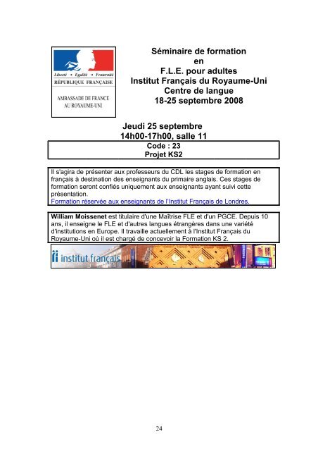 Séminaire de formation en FLE pour adultes ... - Institut Francais