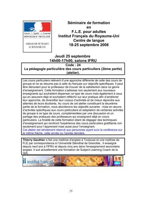 Séminaire de formation en FLE pour adultes ... - Institut Francais