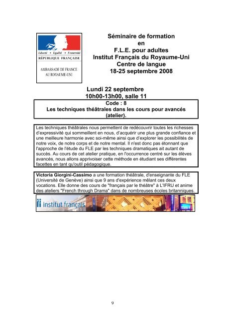 Séminaire de formation en FLE pour adultes ... - Institut Francais