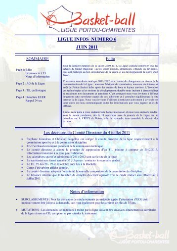 Ligue Infos 6 (juin 2011).pdf - Ligue Poitou-Charentes de Basket Ball