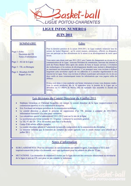 Ligue Infos 6 (juin 2011).pdf - Ligue Poitou-Charentes de Basket Ball