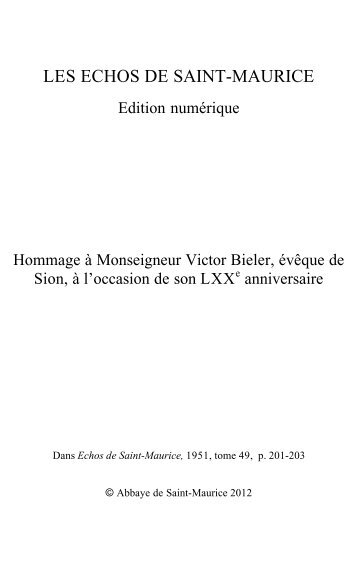 Hommage à Monseigneur Victor Bieler, évêque de Sion, à l ...