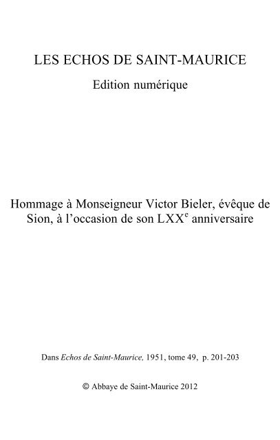 Hommage à Monseigneur Victor Bieler, évêque de Sion, à l ...