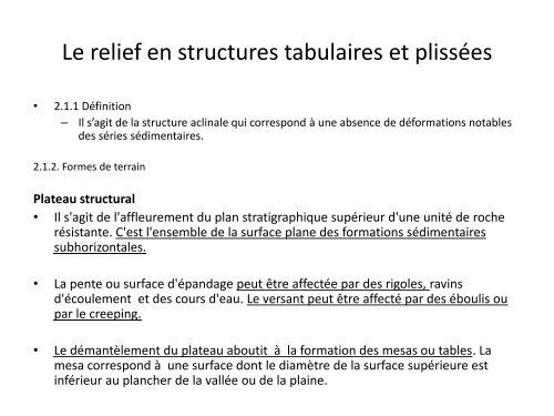 Les formes en structure tabulaire et inclinée