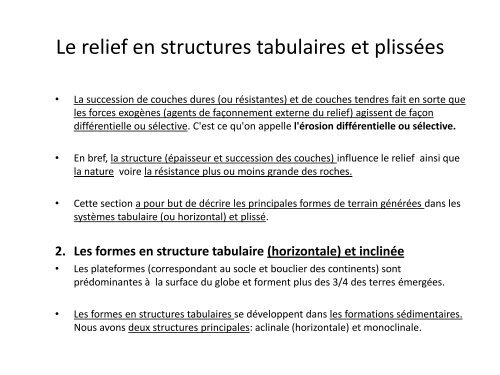 Les formes en structure tabulaire et inclinée