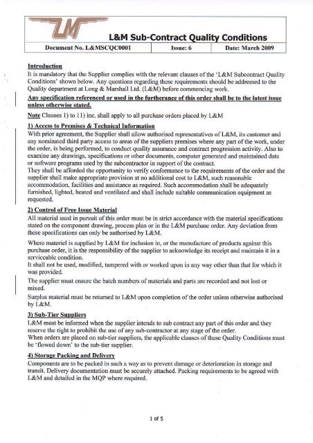 Long and Marshall sub contract quality conditions