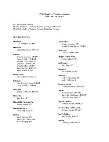 Nursing - Dean's List 2010-2011 - University of New Brunswick