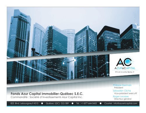 Fonds Azur Capital Immobilier-Québec S.E.C.