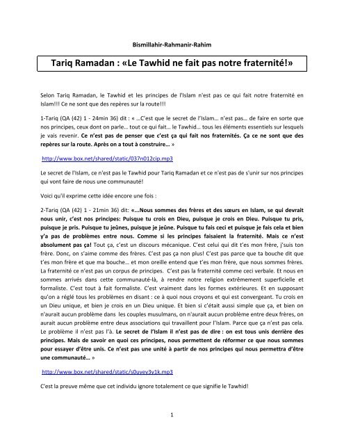 Tariq Ramadan Le Tawhid Ne Fait Pas Notre Fraternite