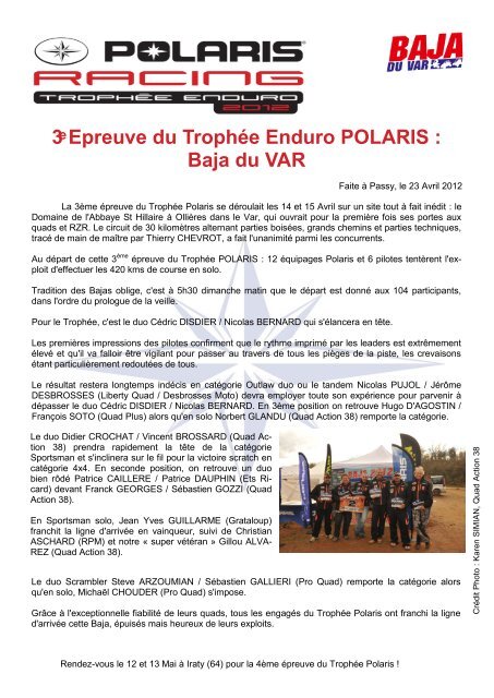 3ͤEpreuve du Trophée Enduro POLARIS : Baja du VAR