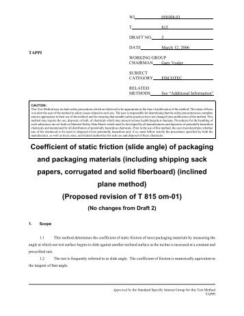Coefficient of static friction (slide angle) of packaging and ... - tappi