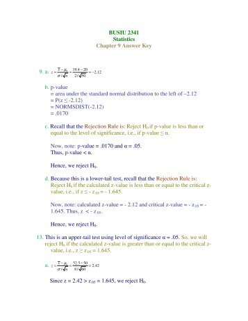 BUSIU 2341 Statistics Chapter 9 Answer Key 9. a. b. p-value ... - blue