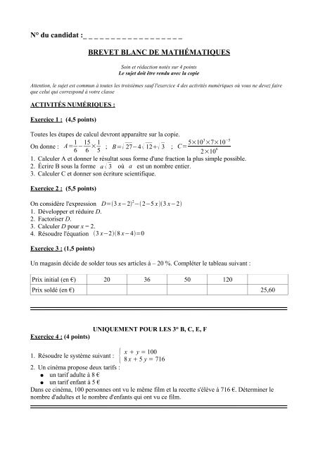 BREVET BLANC maths , français 3ème Mathématiques