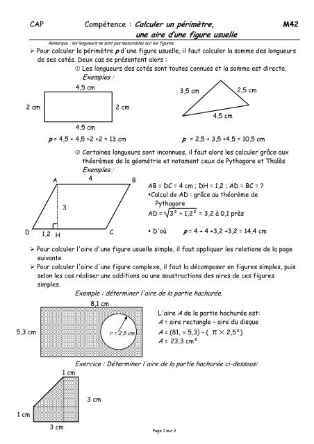 M42 calculer un périmètre, une aire d'une figure usuelle.d…