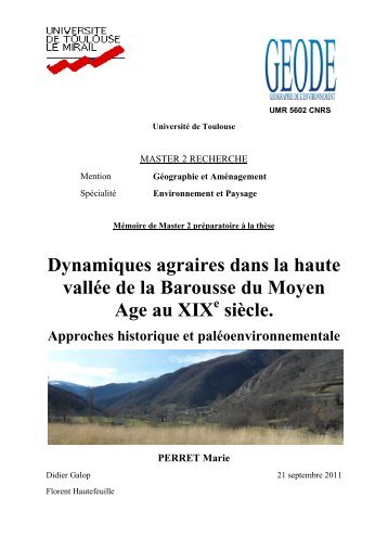 Dynamiques agraires dans la haute vallée de la Barousse du ...