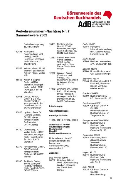 Verkehrsnummern-Nachtrag