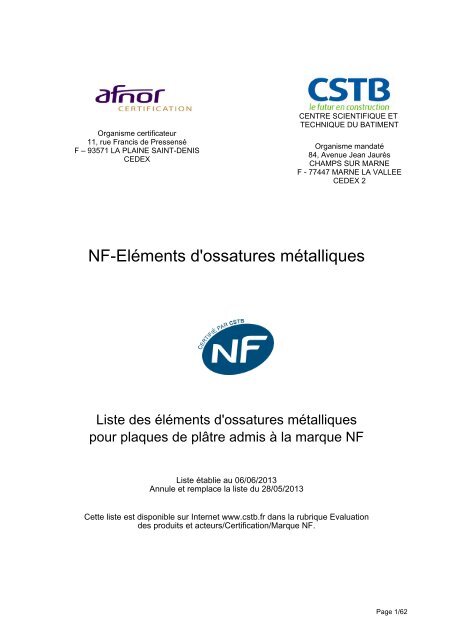 NF-Eléments d'ossatures métalliques - CSTB