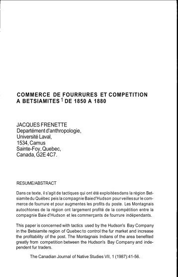 commerce de fourrures et competition a betsiamites 1 de 1850 a 1880