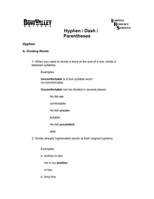 Hyphen Dash Parentheses Bow Valley College