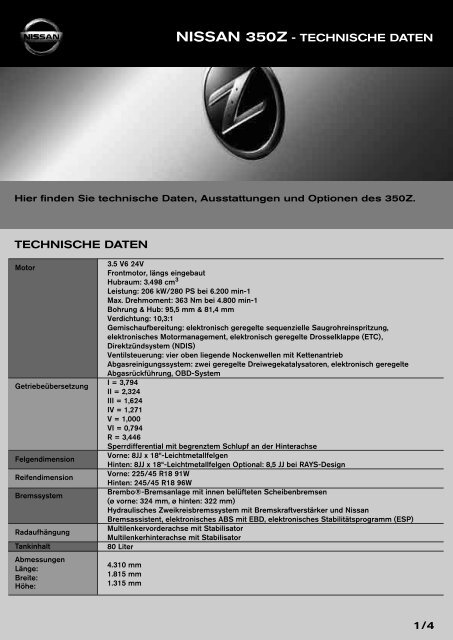 Nissan 350z Technische Daten