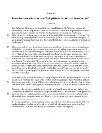 Rede des toten Christus vom Weltgebäude herab, daß kein Gott sei