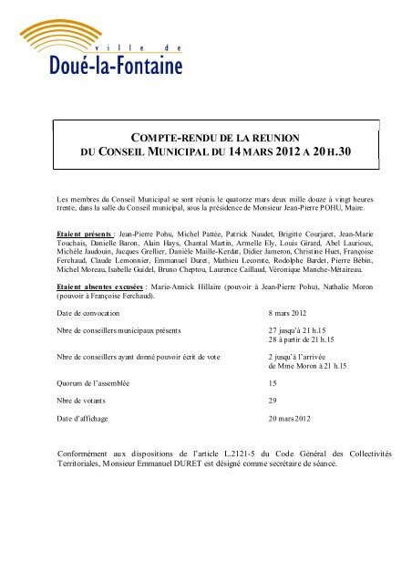 compte-rendu de la reunion du conseil municipal ... - Doué la Fontaine