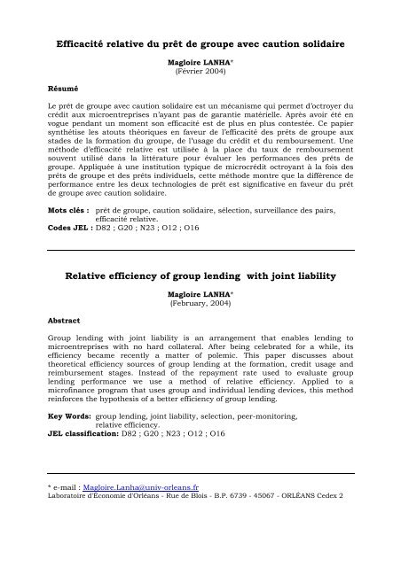 Efficacité relative du prêt de groupe avec caution solidaire ... - Softlab