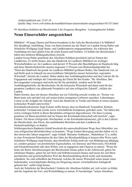 Neun Einserschüler ausgezeichnet - Berufsschule Mühldorf 1