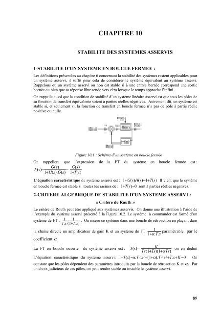 Chapitre 10: STABILITE DES SYSTEMES ASSERVIS