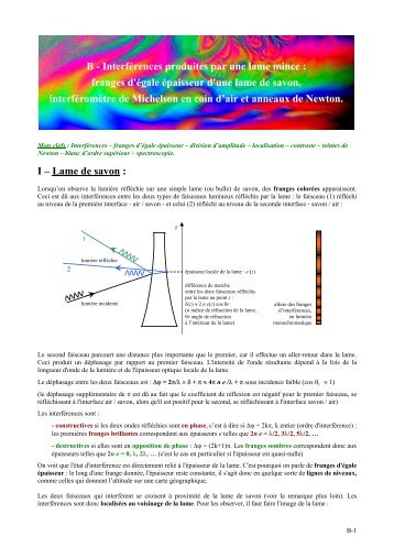 I – Lame de savon : B - Interférences produites par une lame mince ...