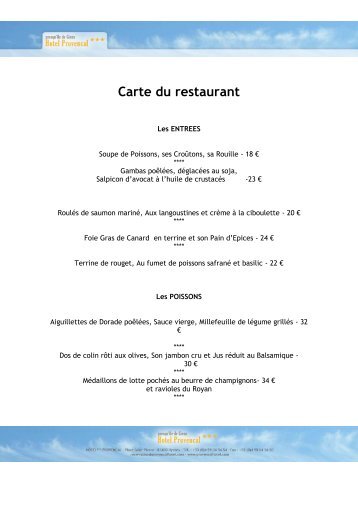 Carte du restaurant - hotel le provencal giens