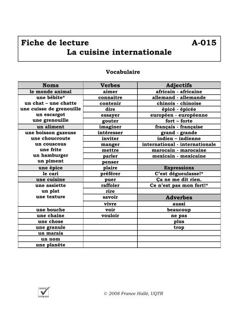 Fiche De Lecture A 015 La Cuisine Internationale