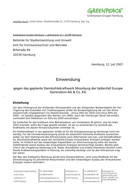 Einwendungsschreiben der Greenpeace-Gruppe Hamburg