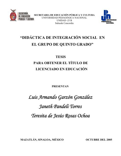 “didáctica de integración social en el grupo de quinto grado” tesis ...