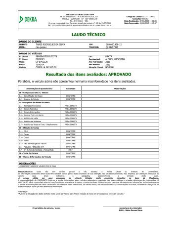 LAUDO TÉCNICO Resultado dos itens avaliados ... - Ramires Motors