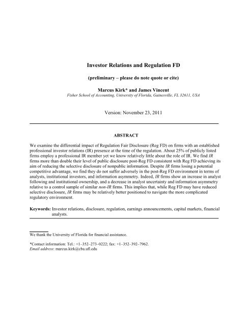 Investor Relations and Regulation FD